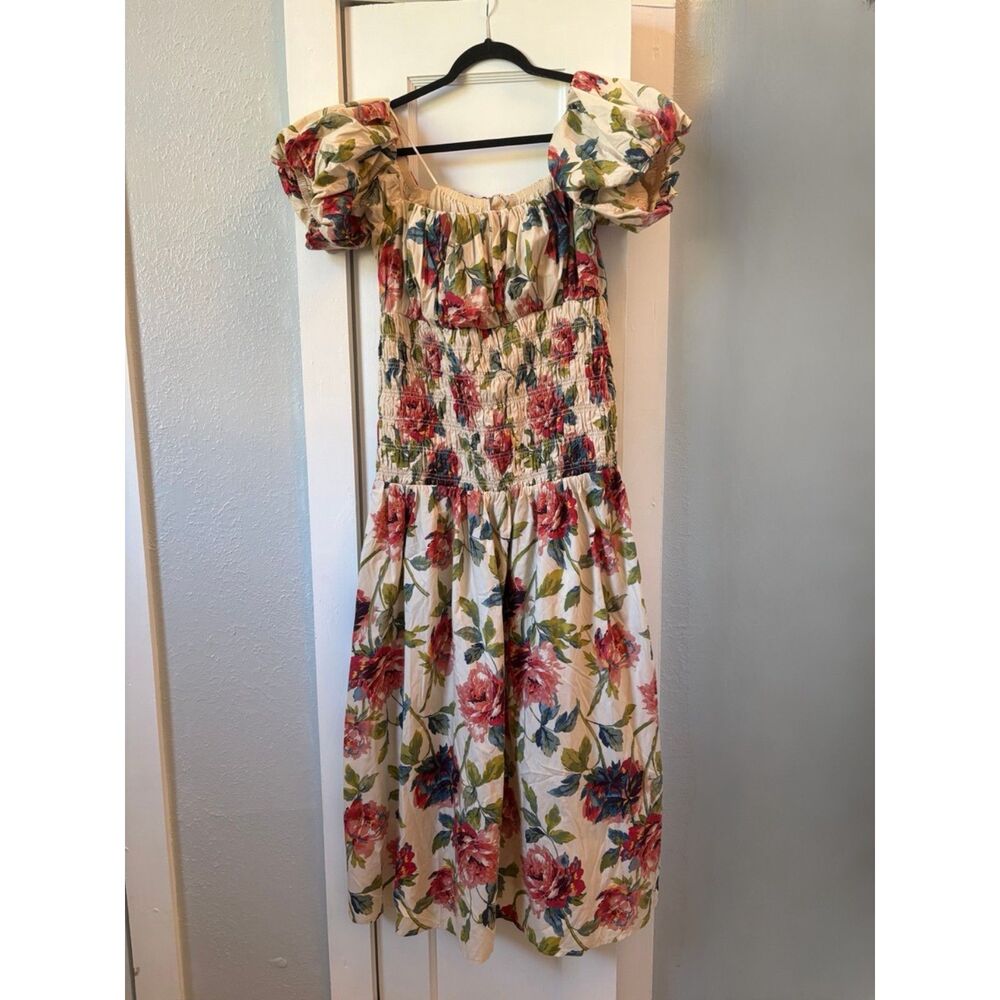 Abercrombie XLP Midi Dress Smocked Drop Waist Shoulder Puff Floral Cottagecore